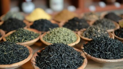 Assorted teas in wooden containers, perfect for marketing or advertising herbal remedies