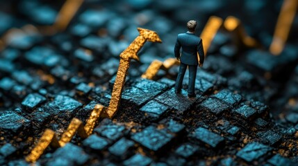 Miniature businessman confronts upward and downward trends