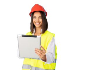 Young architect wearing safety helmet and vest using digital tablet with transparent background