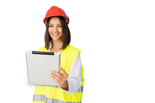 Young architect wearing safety helmet and vest using digital tablet with transparent background