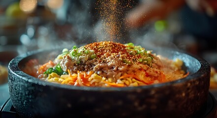 The golden crispiness of stone pot bibimbap