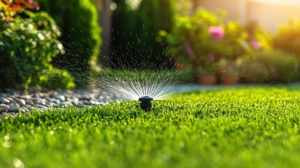 Lawn sprinkler system distributes water on a vibrant green grass lawn