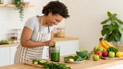 A woman, appearing to be preparing a green smoothie or juice, is seen smiling in a kitchen, standing at a counter with various fruits and vegetables, symbolizing healthy eating, fresh food,