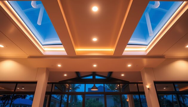 Inviting ambiance created by soffit panels and recessed lighting under an overhanging roof, texture, space