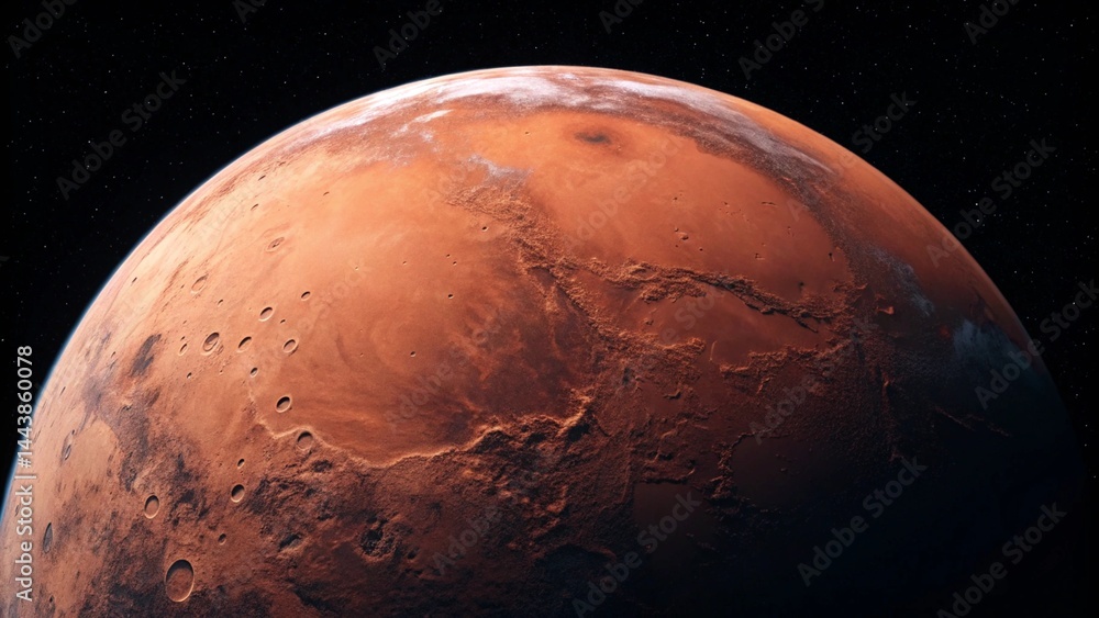 Wall mural showcasing the curved surface of mars with light illuminating its terrain, emphasizing its unique, h