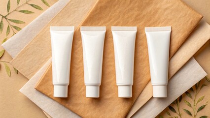 Four white plastic tubes with caps are arranged horizontally on layers of natural-toned paper or fabric, with a green leafy branch visible, symbolizing natural cosmetics, minimalist packaging, 