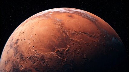 Showcasing the curved surface of Mars with light illuminating its terrain, emphasizing its unique, heavily cratered appearance and scientific interest as a potential future human 