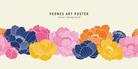 Chinese seamless border with oriental color peony flowers and leaves of line style. Vector color pattern of line flowers. Asian design illustration for wallpaper, card, poster, advertising. © Valedi 