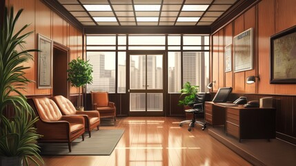 Classic executive office with city view, showcasing traditional design elements and greenery
