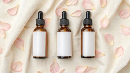 Three amber glass dropper bottles with black dropper tops and blank white labels are arranged on a crumpled white cloth with scattered pink flower petals, symbolizing natural serums, beauty, 