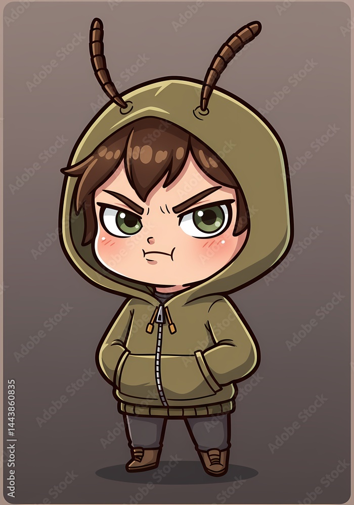 Poster cartoon character dressed as an insect with an expression of determination and mischief, standing ou