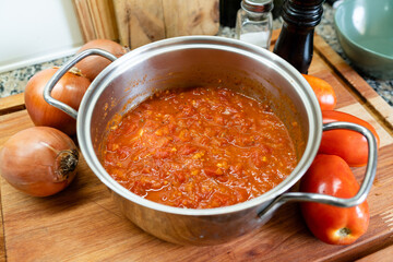 Fresh tomato sauce. Concept of homemade filetto sauce. High angled view.