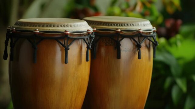 Close-up shot of two congas on a table