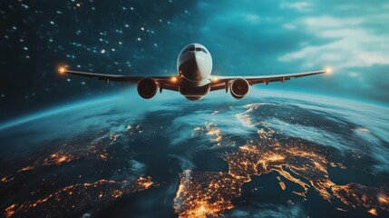High altitude flight over the illuminated globe, a journey through the starlit sky