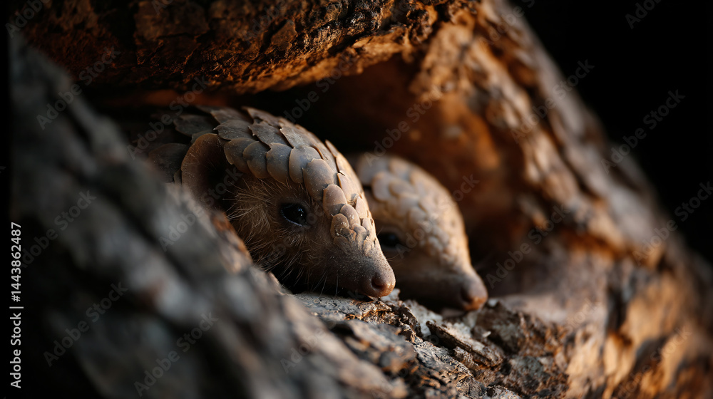 Poster two cuddling pangolins blending into the bark of a large tree.
