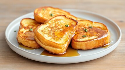Golden brown, crispy French toast slices drizzled with syrup, resting on a plate
