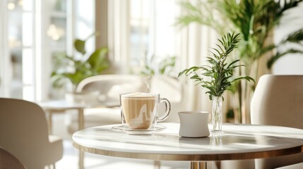 Light and airy cafe scene, cappuccino in a unique glass cup, table with a plant centerpiece. generative ai