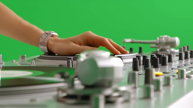 DJ Hands on Decks - Green Screen Session.  Medium close-up shot, hands poised over DJ turntables and mixer, resting lightly on a vinyl record and fader.