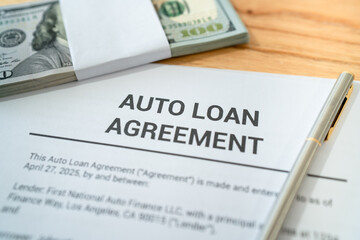 Concept of auto loan contract. Borrowing money to buy a vehicle.