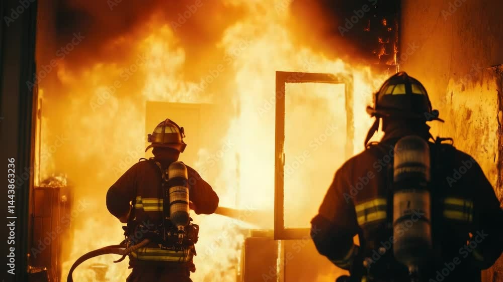 Aufkleber two firefighters stand in front of a burning building, ready to respond to the emergency