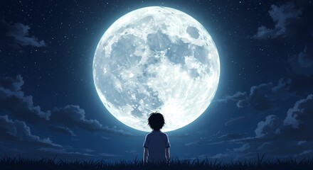 Obraz premium A young boy stands in a field under the night sky, gazing up at a huge, bright moon surrounded by twinkling stars and passing clouds.
