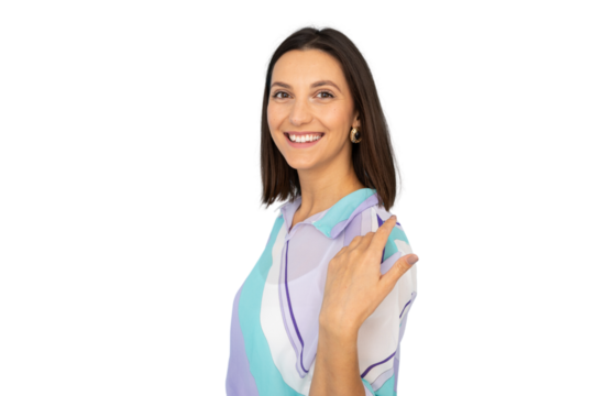 Studio shot of cheerful woman pointing at herself with index finger, isolated on transparent background
