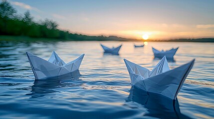Obraz premium Paper Boats at Sunset: A Serene Water Scene