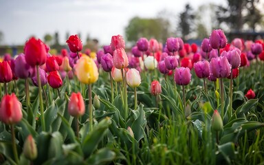 Vibrant Spring Tulip Field with Red, Yellow, Pink, and Purple Blooms on Lush Green Grass
