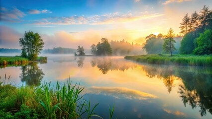 Obraz premium A serene lake at dawn with misty fog surrounding the water's edge and lush greenery in the background , nature
