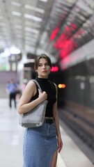 Beautiful brunette stands at the metro station waiting for the train to arrive