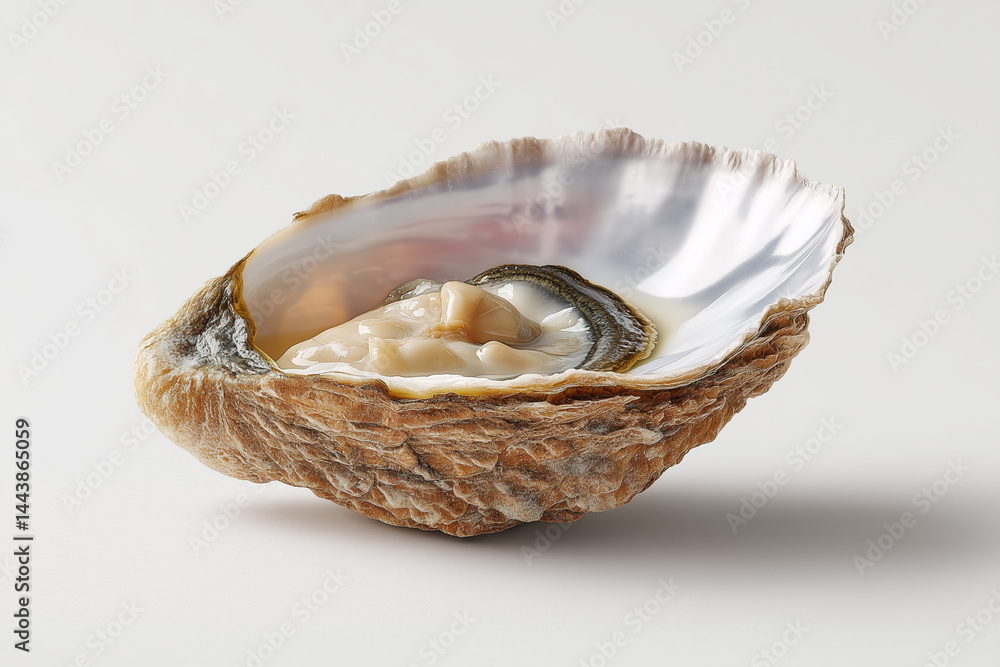 Poster oyster rests in half-shell displaying smooth surface and intricate details. light neutral background