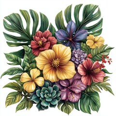 Fototapeta premium Lush Tropical Floral Arrangement Vibrant Hibiscus, Monstera, and Succulents