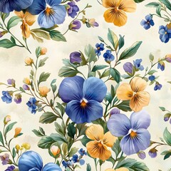 Obraz premium Watercolor Pansy Floral Seamless Pattern