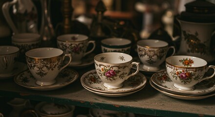 Fototapeta premium a shelf with cups and saucers on it