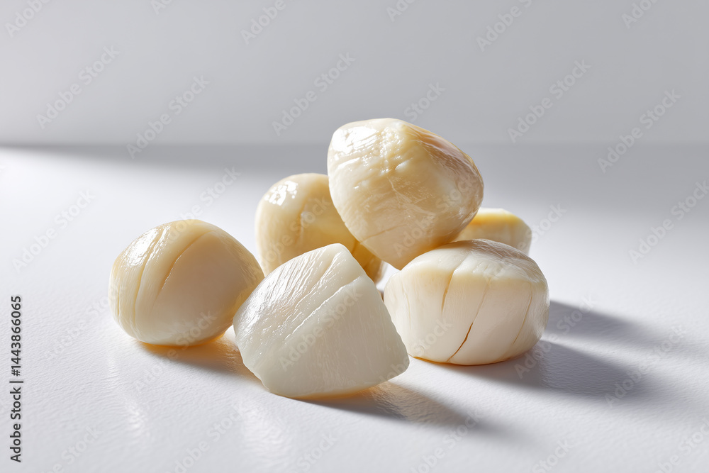Poster scallops are displayed on a clean white backdrop with smooth textures and natural sheen. concept of 