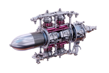 A Silver And Pink Aircraft Engine With Intricate Mechanical Parts On Transparent Background
