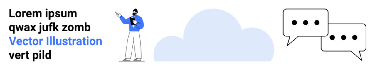 Figure pointing at text, speech bubbles, and cloud suggest collaboration and brainstorming. Ideal for communication, teamwork, presentations, education, creativity, messaging and simple landing page