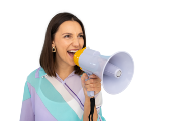 Young woman shouting through megaphone with transparent background