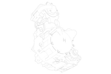 3d model WIREFRAME LINE ART ISOMETRIC ORTHOGONAL cartoon view monotone flat color high Performance 630cc Single Cylinder 4-Stroke Motorcycle Engine for Supermoto, Enduro, – Model SM TE Type 5842 