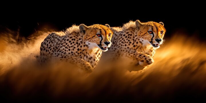 Two Cheetahs Running Through Golden Grassland