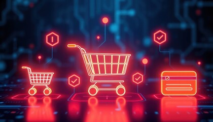 Futuristic Online Shopping Experience with Neon Icons and Digital Network