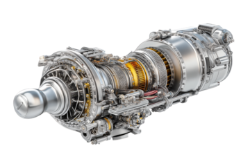 Detailed 3D Rendering Of Silver And Gold Turbine Engine On Transparent Background