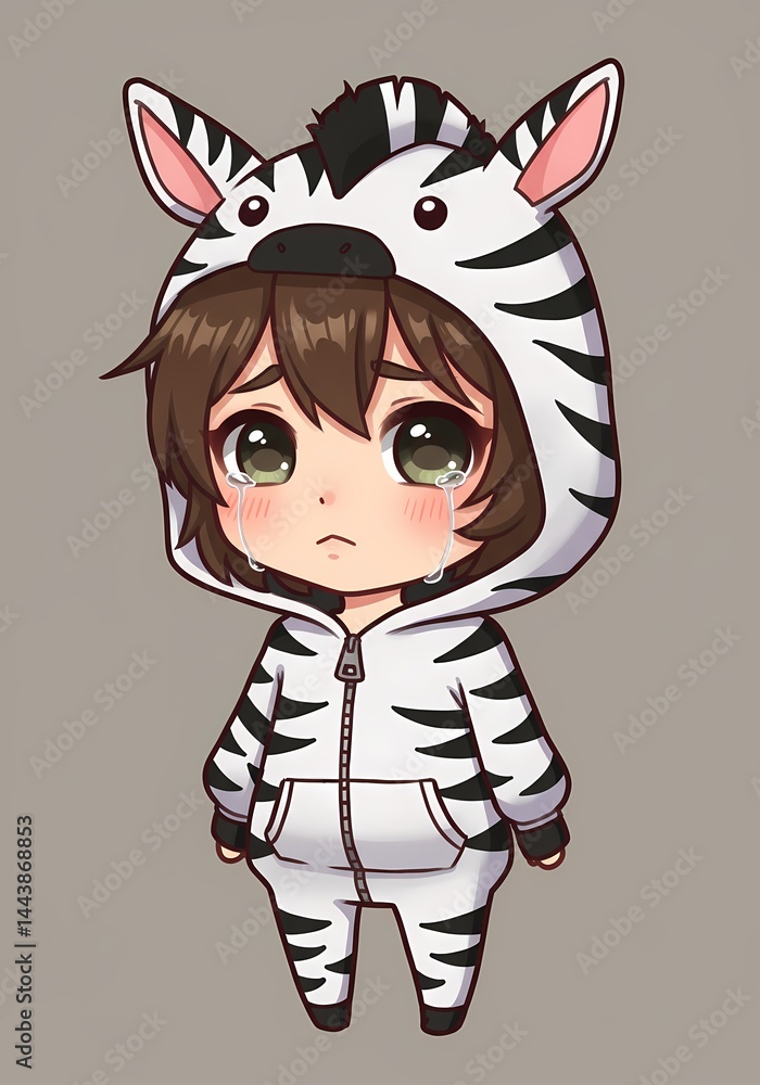 Poster chibi character in a zebra kigurumi suit expressing sadness, evoking feelings of vulnerability and i