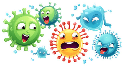 Professional Vector Illustration of Cartoon Bacteria and Corona Virus Floating in Blue Background