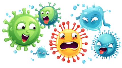 Professional Vector Illustration of Cartoon Bacteria and Corona Virus Floating in Blue Background