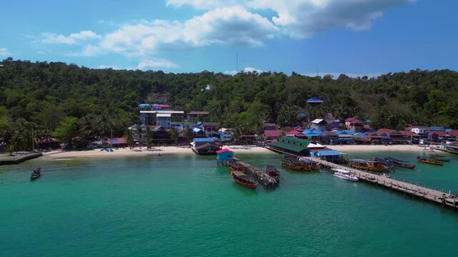 25.2.25 Rong Khm, Island village ferry pier. Lovely aerial view flight drone