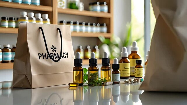 Pharmacy paper bag with essential oil bottles and medicine on counter in sunlight