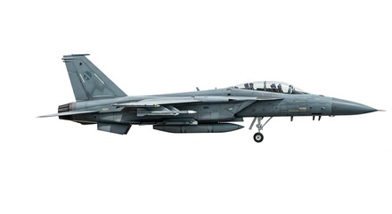 Side view of a gray fighter jet with missiles and fuel tanks against a white background in daylight