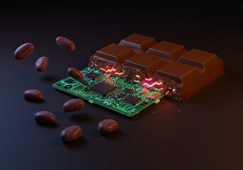 Futuristic Chocolate Microchip Concept with Glowing Circuit and Cacao Beans