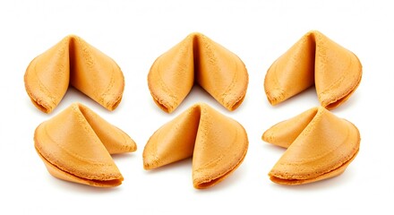 A group of six fortune cookies arranged on a white background in a symmetrical and pleasing way